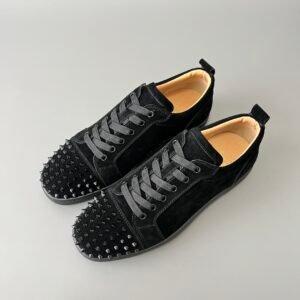 Aurora Custom Christian Louboutin Louis Junior Spikes "Black Veau Velours" CL Louis Junior series black suede studded low-top sneakers Top-tier cutting-edge batch of high-quality goods