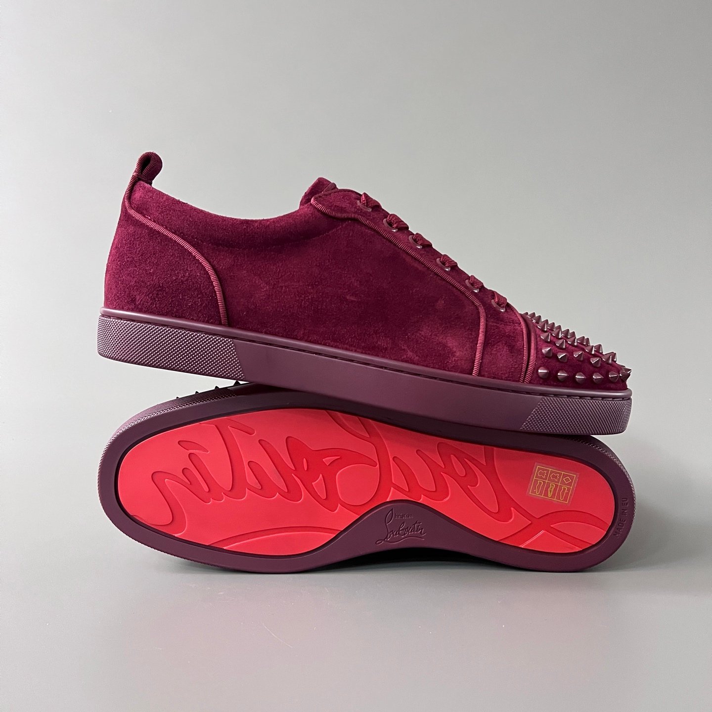 Aurora Custom Christian Louboutin Louis Junior Spikes studded low-top sneakers in burgundy Top-tier cutting-edge batch of high-quality goods - Image 7