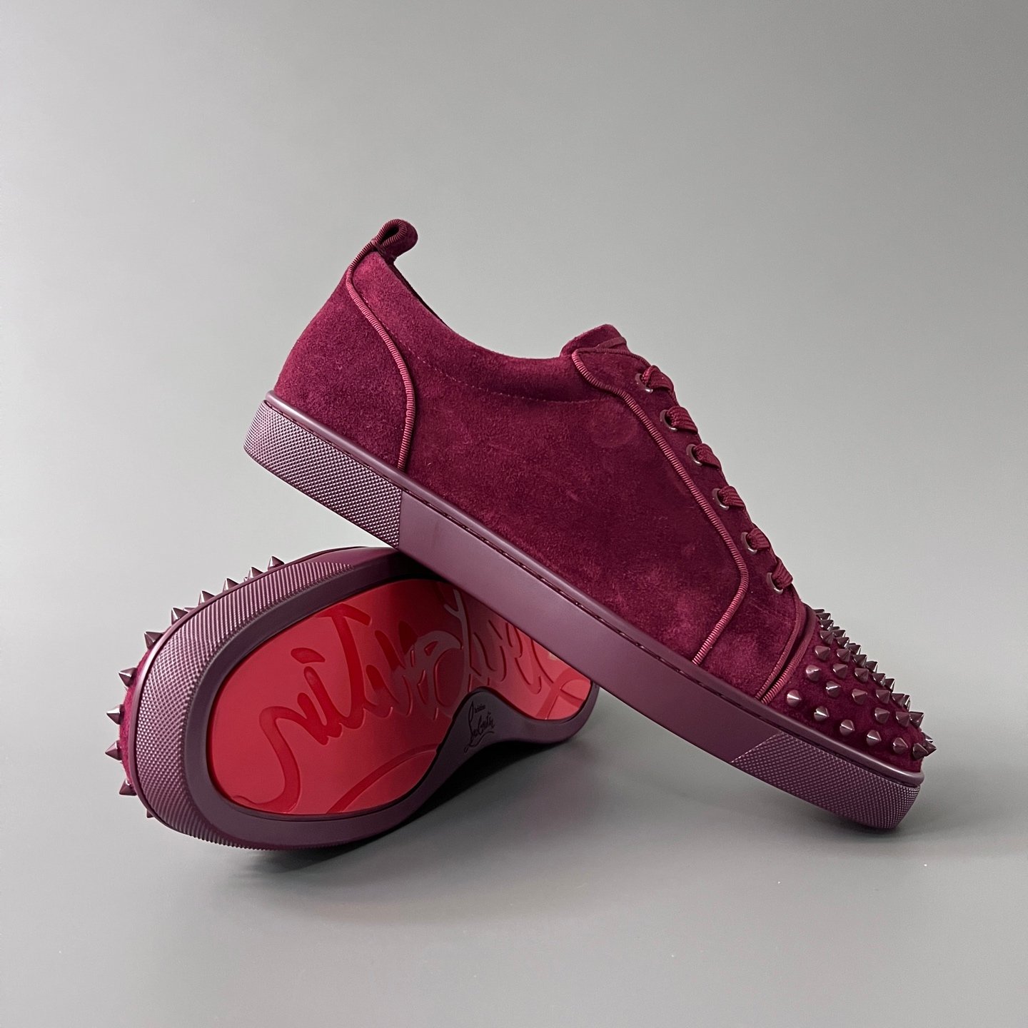 Aurora Custom Christian Louboutin Louis Junior Spikes studded low-top sneakers in burgundy Top-tier cutting-edge batch of high-quality goods - Image 8