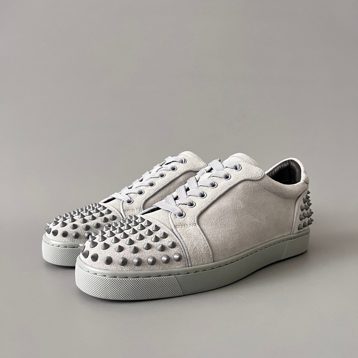 AuroraCustom Christian Louboutin Louis Junior Spikes 'Stone Grey' Suede CL Louis Junior Series Rock Grey Suede Studded Sneakers