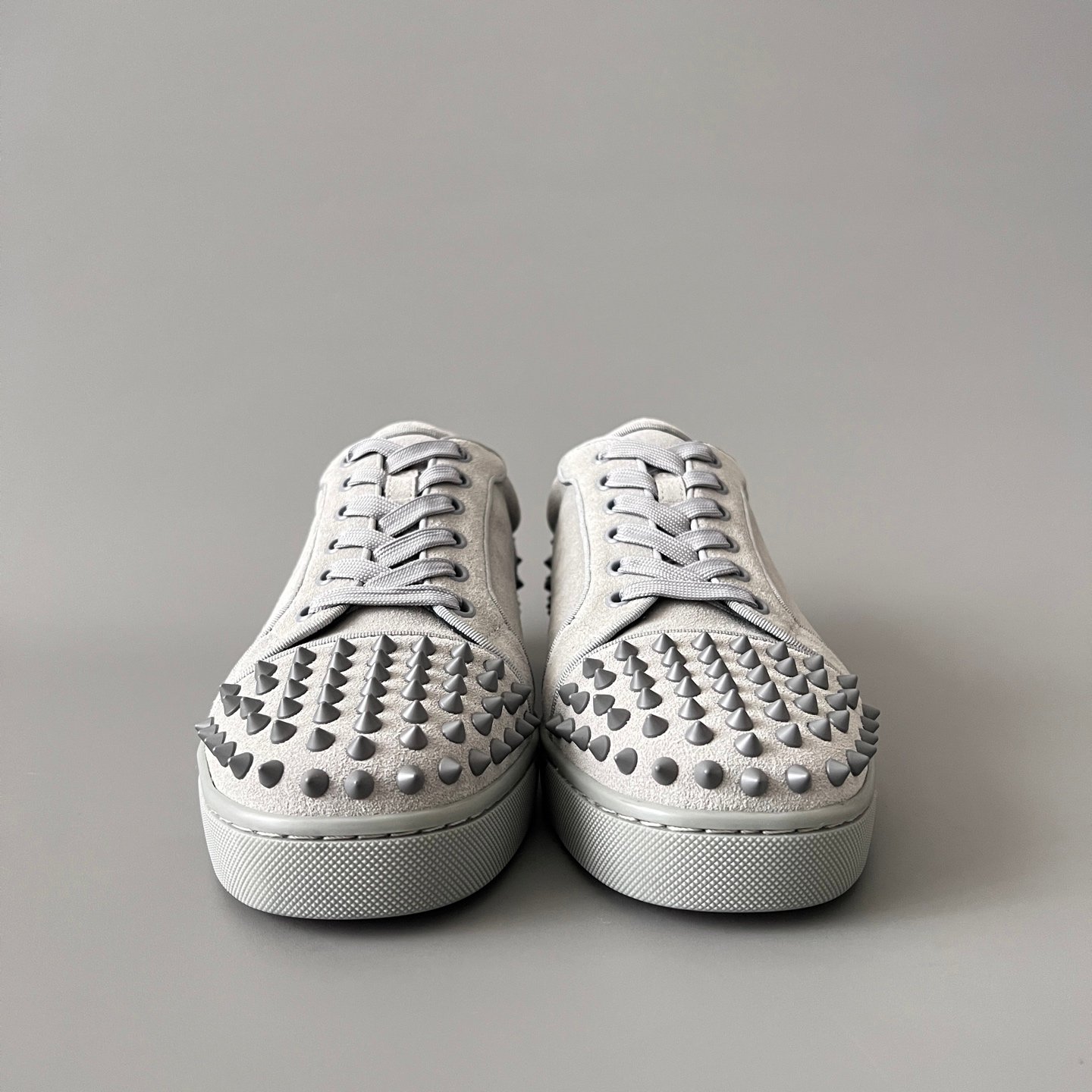 AuroraCustom Christian Louboutin Louis Junior Spikes 'Stone Grey' Suede CL Louis Junior Series Rock Grey Suede Studded Sneakers - Image 2