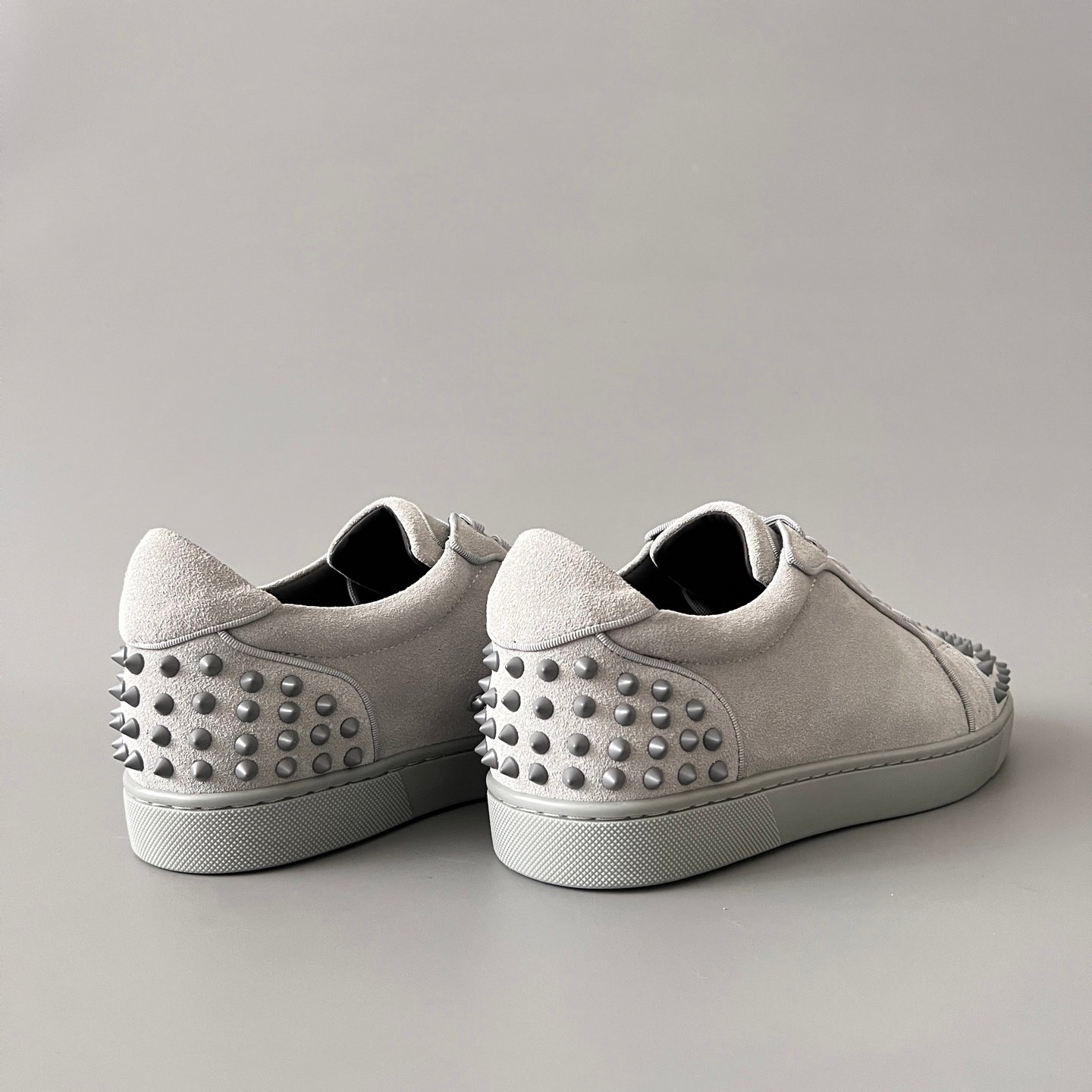 AuroraCustom Christian Louboutin Louis Junior Spikes 'Stone Grey' Suede CL Louis Junior Series Rock Grey Suede Studded Sneakers - Image 4