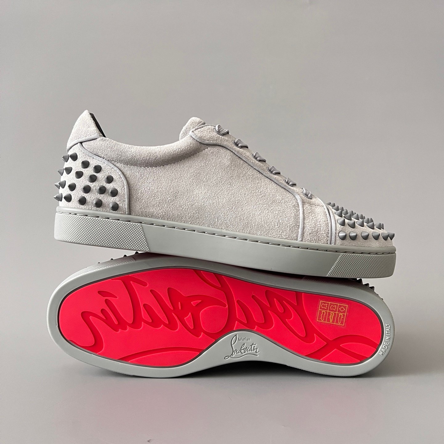 AuroraCustom Christian Louboutin Louis Junior Spikes 'Stone Grey' Suede CL Louis Junior Series Rock Grey Suede Studded Sneakers - Image 6