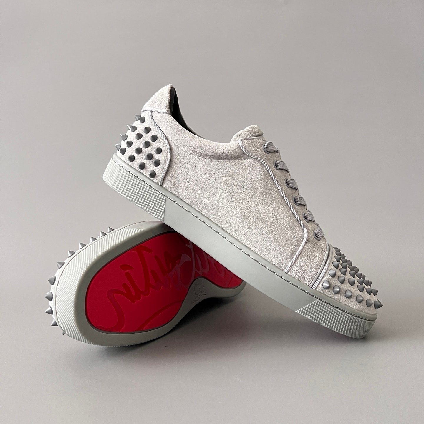 AuroraCustom Christian Louboutin Louis Junior Spikes 'Stone Grey' Suede CL Louis Junior Series Rock Grey Suede Studded Sneakers - Image 7