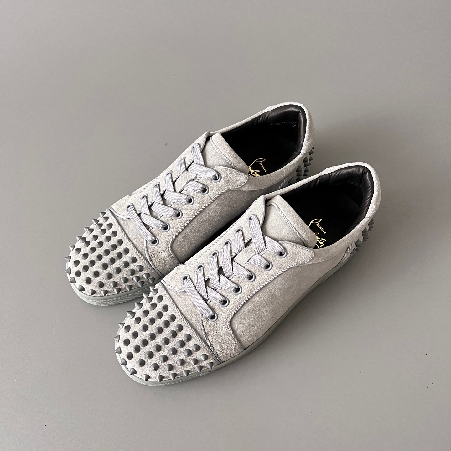AuroraCustom Christian Louboutin Louis Junior Spikes 'Stone Grey' Suede CL Louis Junior Series Rock Grey Suede Studded Sneakers - Image 8