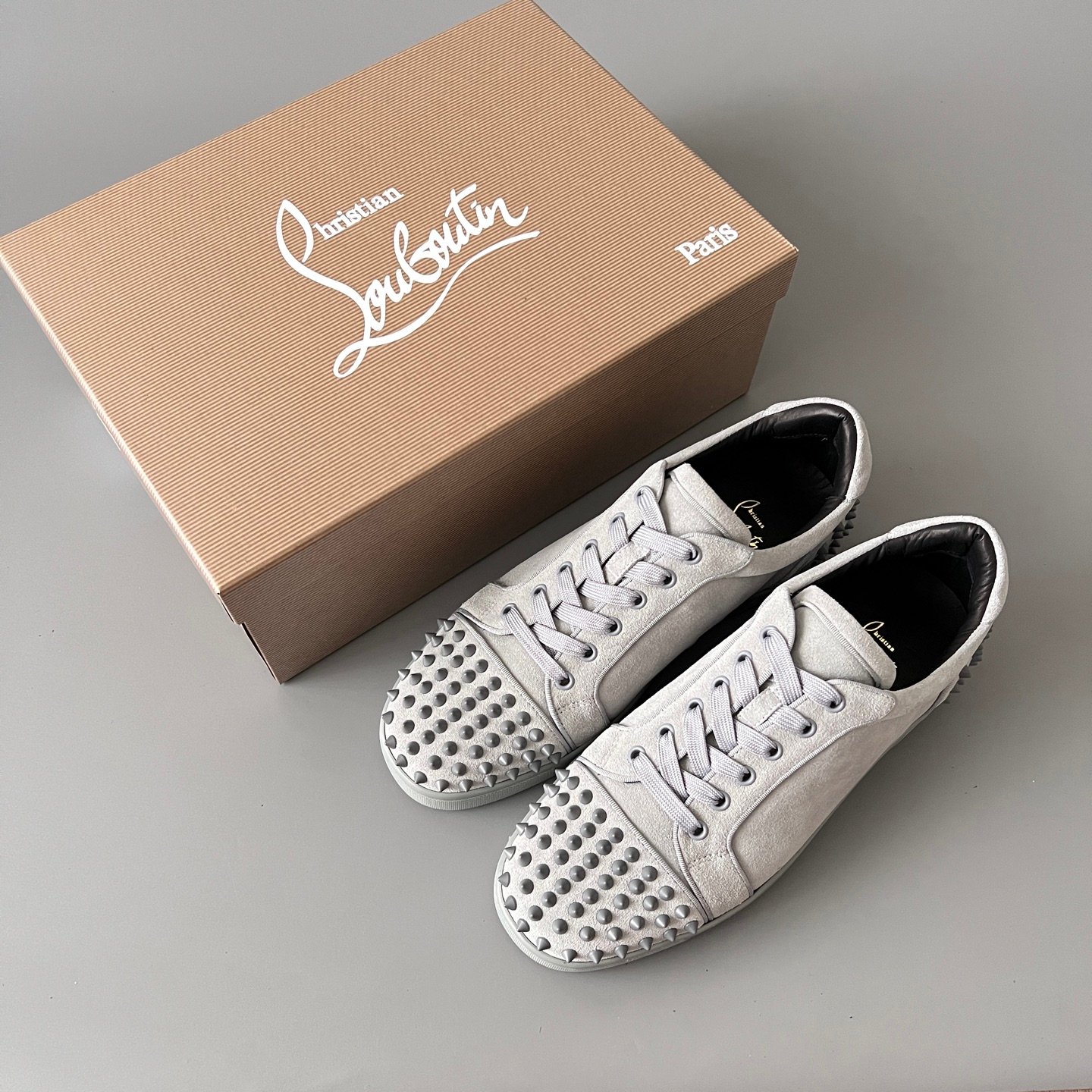 AuroraCustom Christian Louboutin Louis Junior Spikes 'Stone Grey' Suede CL Louis Junior Series Rock Grey Suede Studded Sneakers - Image 9