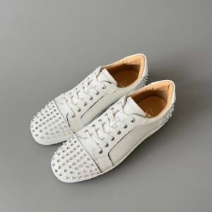 AuroraCustom Christian Louboutin Louis Junior Spikes 'Arctic White & Chrome' CL Louis Junior series Arctic white leather sneakers with silver chrome studs