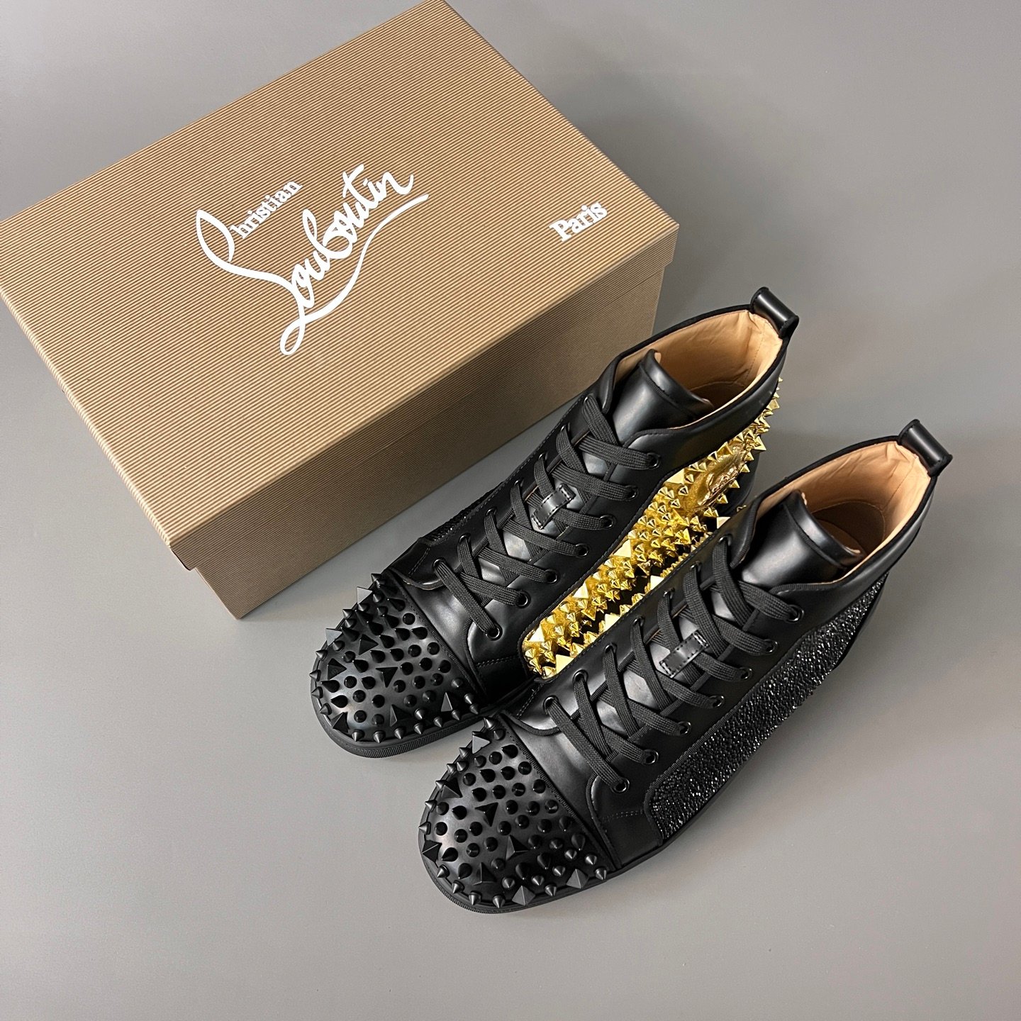 Aurora Custom Christian Louboutin Louis Spikes "Mixed Media Strass & Gold" High- Top - Image 9