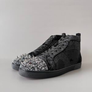 Aurora Custom Christian Louboutin Louis Spikes "Black Pin-Dot Velvet & Silver Chrome" High-Top