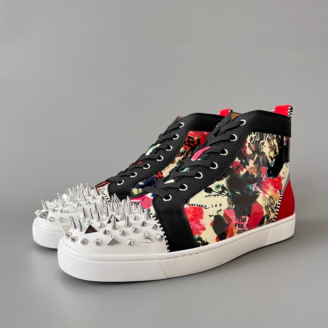 Aurora Custom Christian Louboutin Louis Spikes "Vintage Collage & Black Pebbled Leather" High-Top