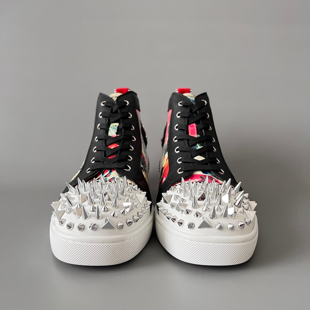 Aurora Custom Christian Louboutin Louis Spikes "Vintage Collage & Black Pebbled Leather" High-Top - Image 2