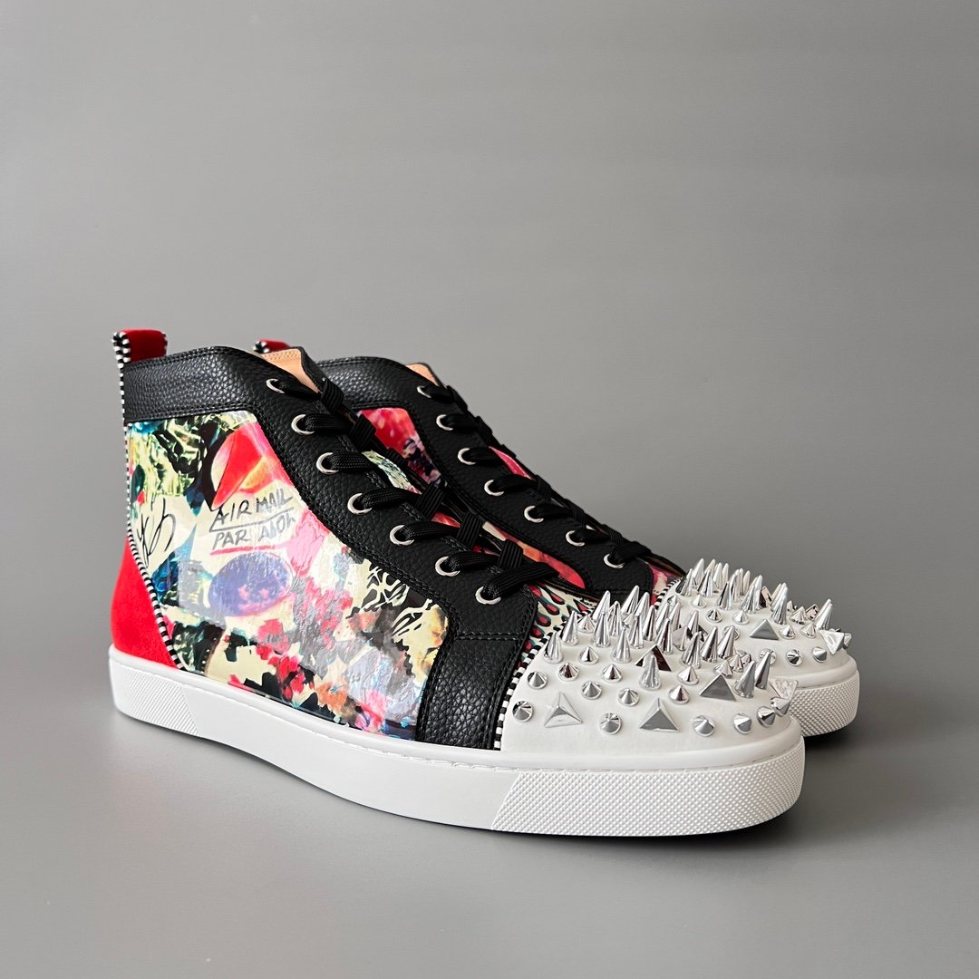 Aurora Custom Christian Louboutin Louis Spikes "Vintage Collage & Black Pebbled Leather" High-Top - Image 3