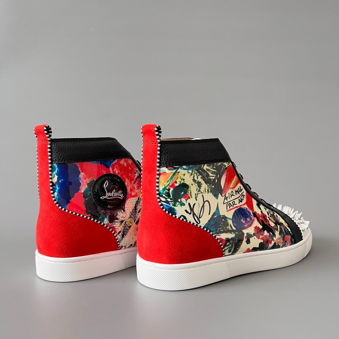 Aurora Custom Christian Louboutin Louis Spikes "Vintage Collage & Black Pebbled Leather" High-Top - Image 4