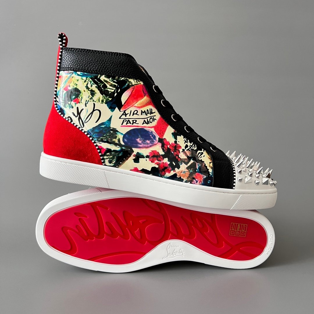 Aurora Custom Christian Louboutin Louis Spikes "Vintage Collage & Black Pebbled Leather" High-Top - Image 6