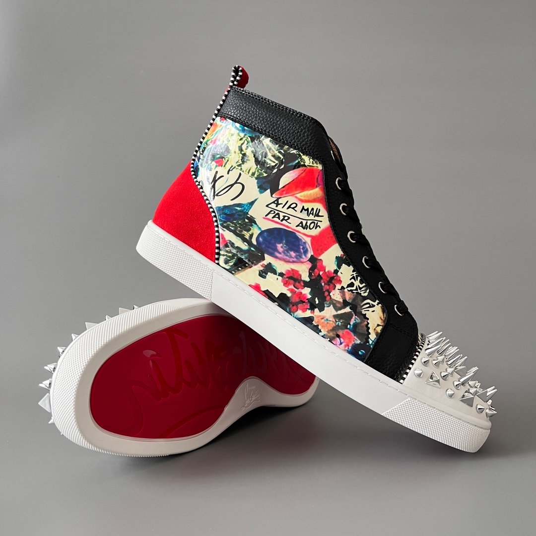 Aurora Custom Christian Louboutin Louis Spikes "Vintage Collage & Black Pebbled Leather" High-Top - Image 7