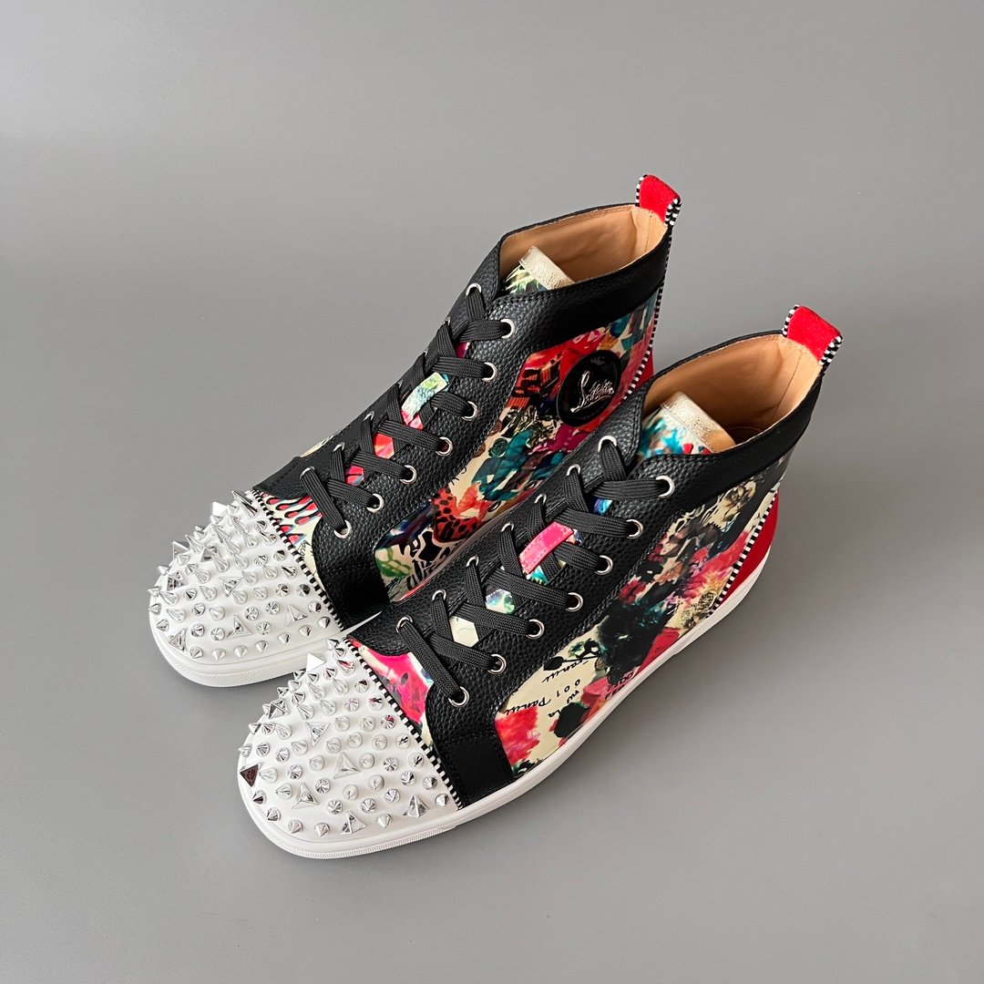 Aurora Custom Christian Louboutin Louis Spikes "Vintage Collage & Black Pebbled Leather" High-Top - Image 8