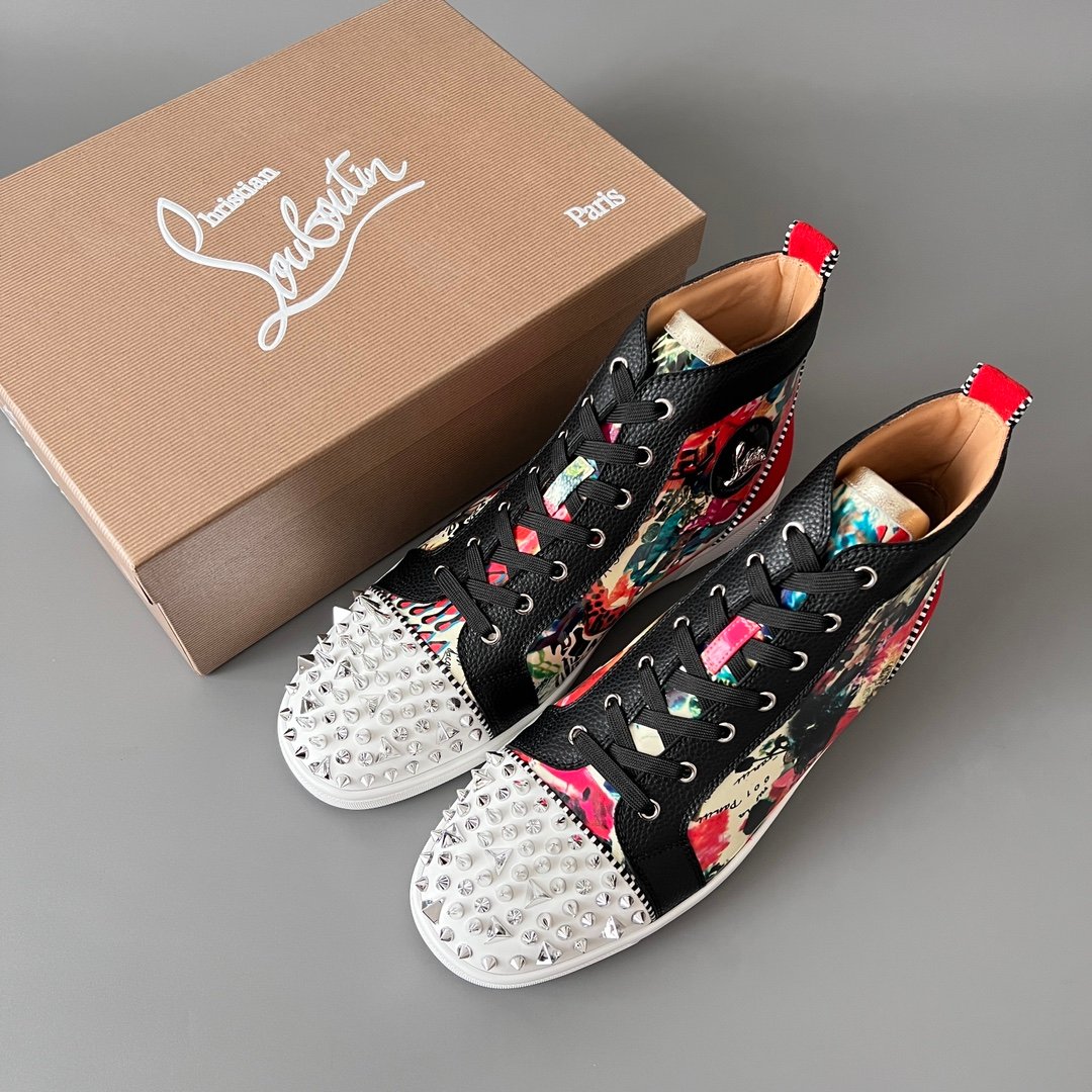 Aurora Custom Christian Louboutin Louis Spikes "Vintage Collage & Black Pebbled Leather" High-Top - Image 9