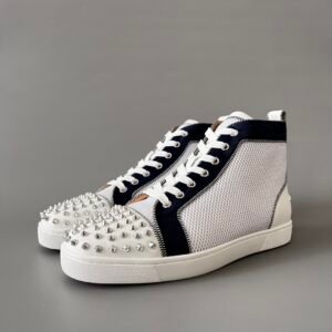 Aurora Custom Christian Louboutin Louis Spikes "White Tech Mesh & Navy Suede" High-Top