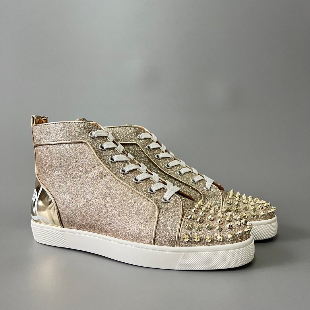 Aurora Custom Christian Louboutin Louis Spikes "Champagne Gold Glitter & Metallic Specchio" High-Top - Image 3