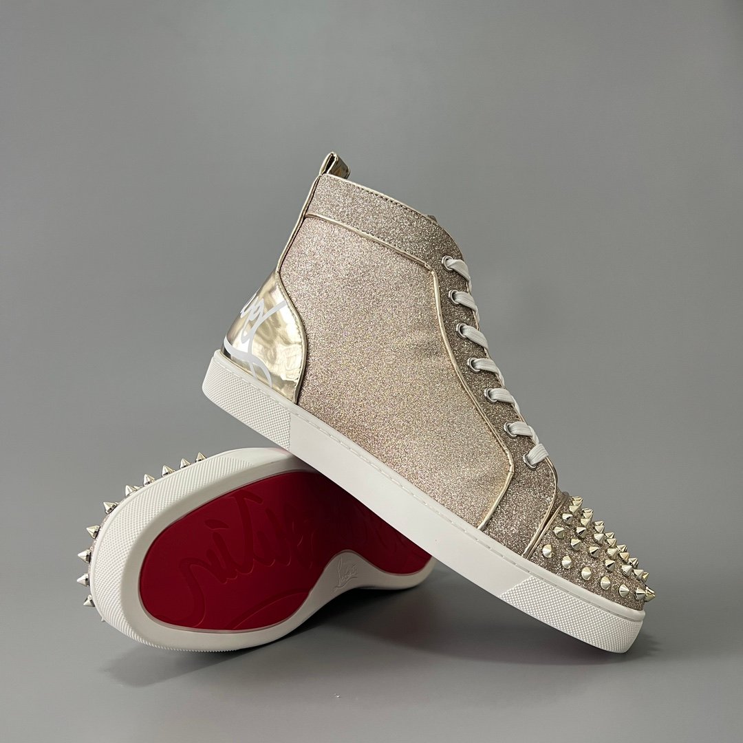 Aurora Custom Christian Louboutin Louis Spikes "Champagne Gold Glitter & Metallic Specchio" High-Top - Image 7