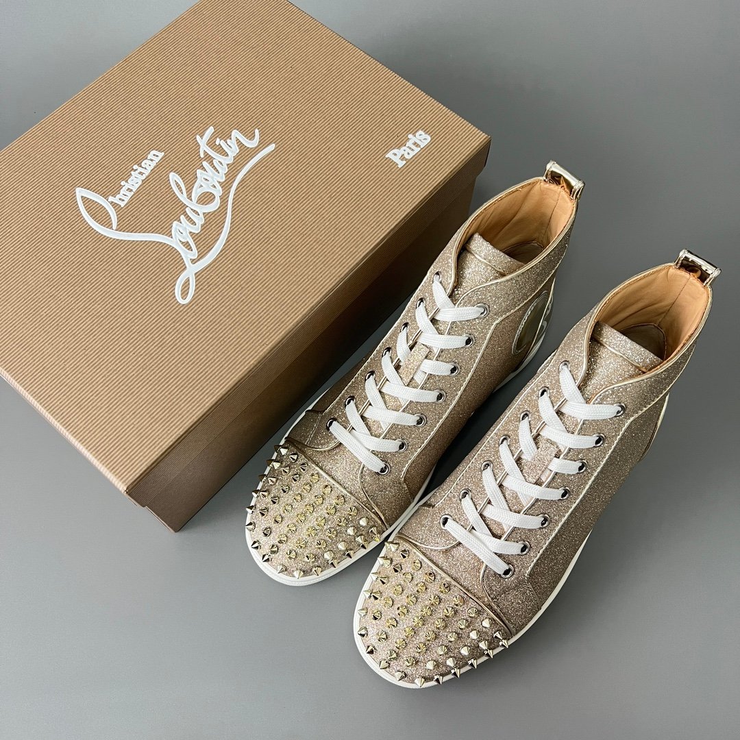 Aurora Custom Christian Louboutin Louis Spikes "Champagne Gold Glitter & Metallic Specchio" High-Top - Image 9