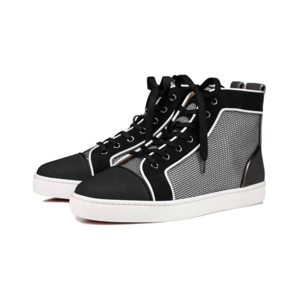 Aurora Custom Christian Louboutin Louis "Black Suede & Silver Mesh with White Piping" High-Top