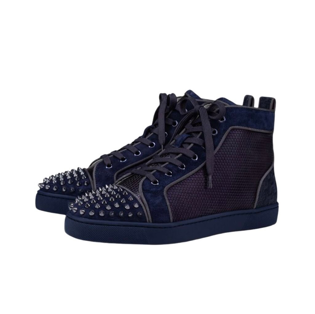 Aurora Custom Christian Louboutin Louis Spikes "Navy Blue Suede & Honeycomb Mesh" High-Top