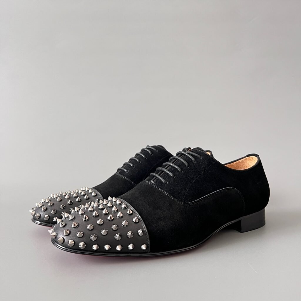 Aurora Custom Christian Louboutin Greggo "Black Suede & Silver Spiked Toe" Oxfords