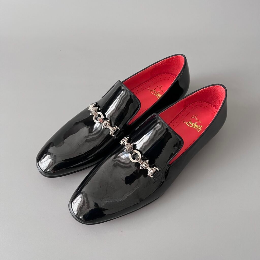 Aurora Custom Christian Louboutin "Black Patent & Silver Spike Chain" Loafers