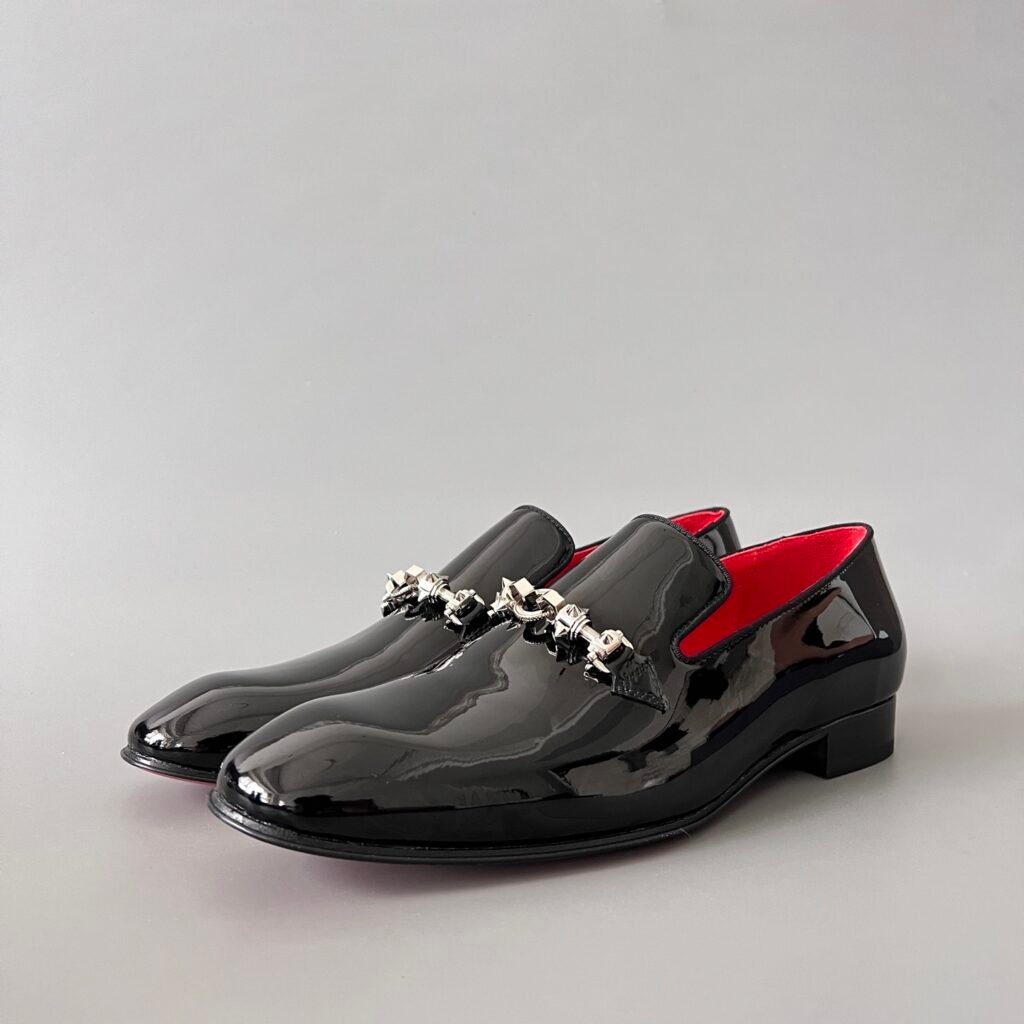 Aurora Custom Christian Louboutin "Black Patent & Silver Spike Chain" Loafers