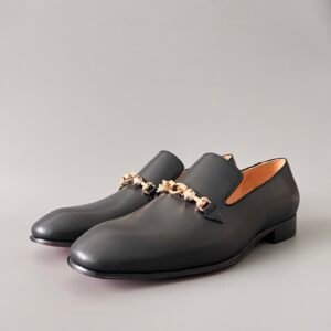 Aurora Custom Christian Louboutin Dandelion "Black Matte & Gold Spike Chain" Loafers