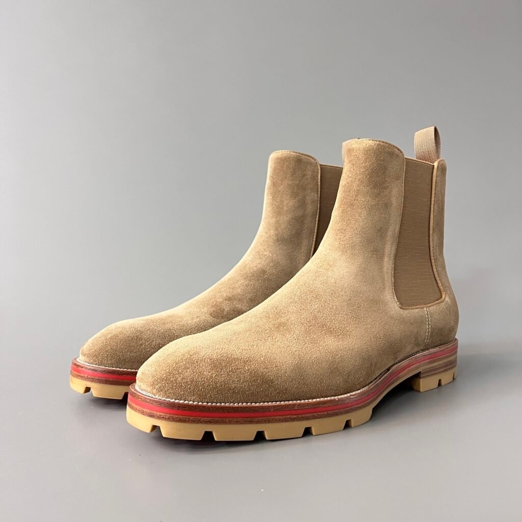 Aurora Custom Christian Louboutin Melon Flat "Sand Suede" Lug Sole Chelsea Boots