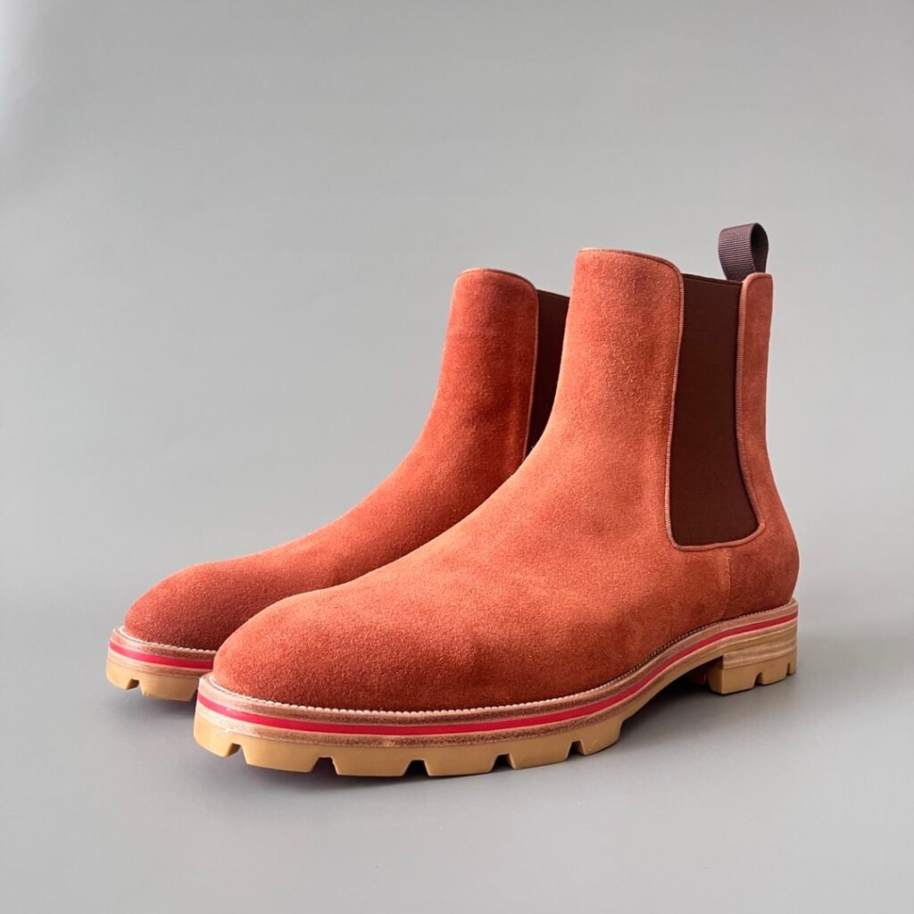 Aurora Custom Christian Louboutin Melon Flat "Burnt Orange Suede" Lug Sole Chelsea Boots