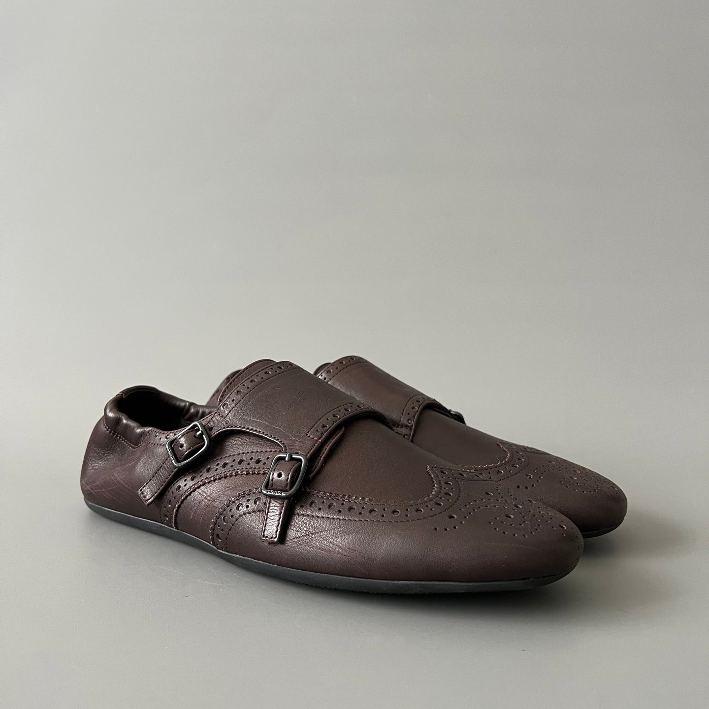 Aurora Custom PRADA Shuffle Double Monk Loafers - Distressed Brown - Image 3