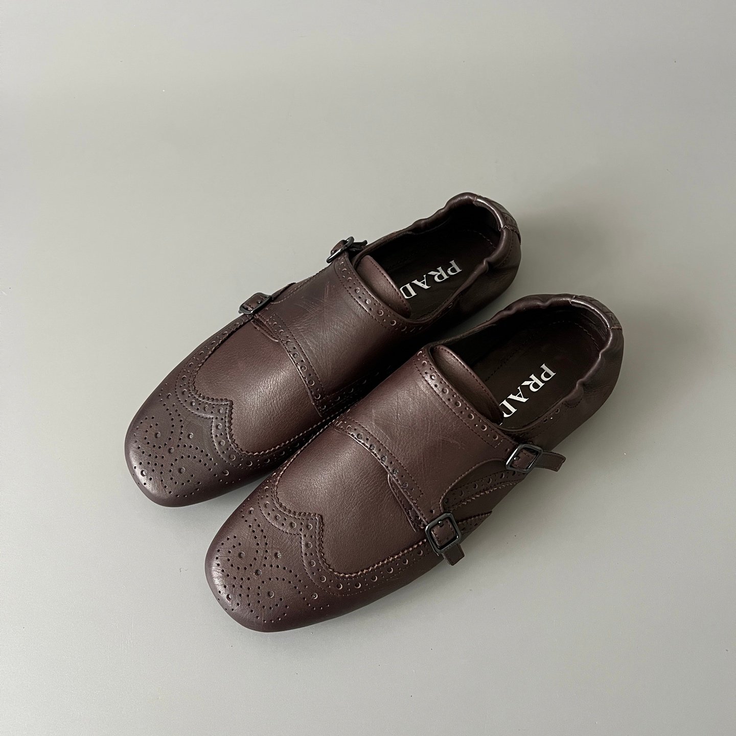 Aurora Custom PRADA Shuffle Double Monk Loafers - Distressed Brown - Image 8