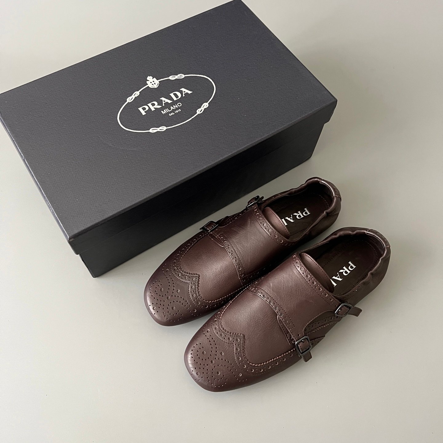 Aurora Custom PRADA Shuffle Double Monk Loafers - Distressed Brown - Image 9