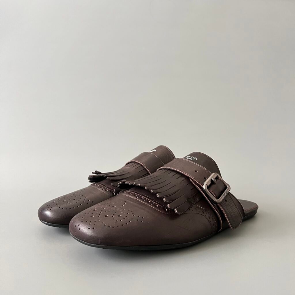 Aurora Custom PRADA Shuffle Kiltie Monk Sabot - Distressed Vintage Brown