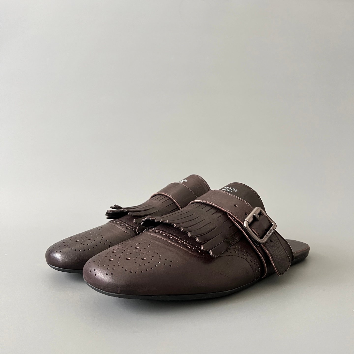 Aurora Custom PRADA Shuffle Kiltie Monk Sabot - Distressed Vintage Brown