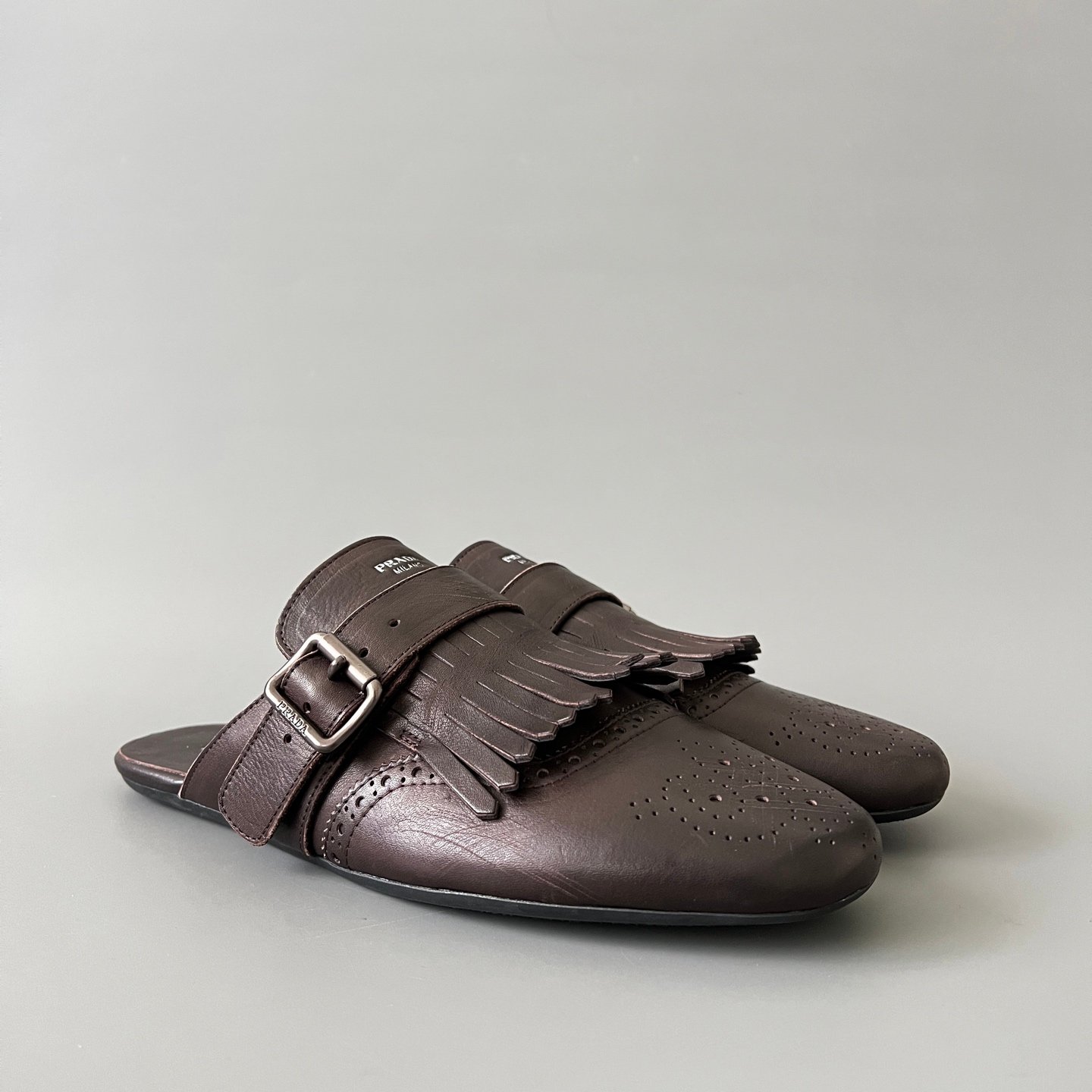 Aurora Custom PRADA Shuffle Kiltie Monk Sabot - Distressed Vintage Brown - Image 3