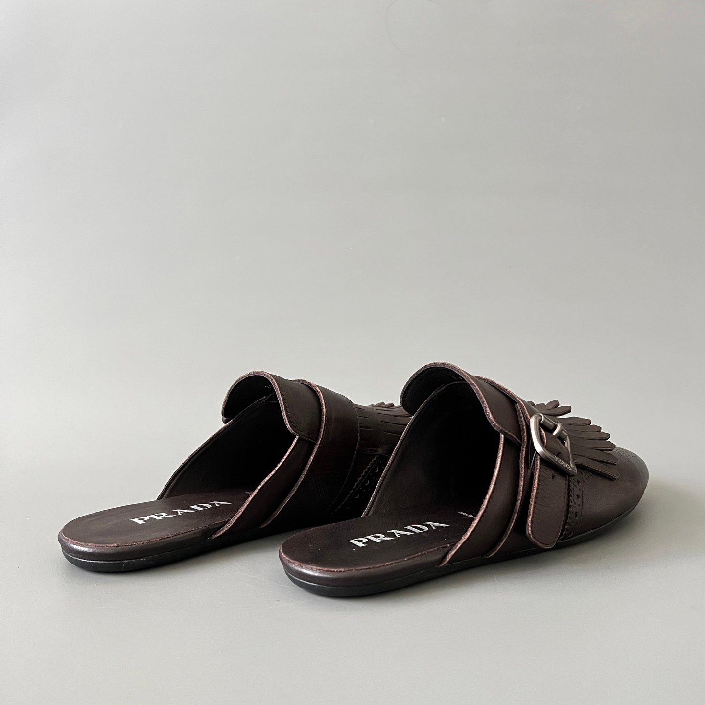 Aurora Custom PRADA Shuffle Kiltie Monk Sabot - Distressed Vintage Brown - Image 4