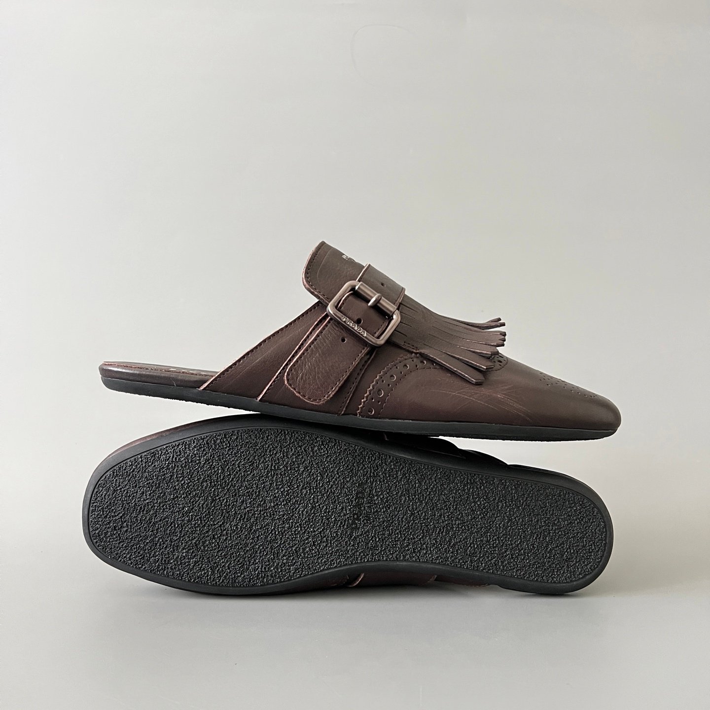 Aurora Custom PRADA Shuffle Kiltie Monk Sabot - Distressed Vintage Brown - Image 6