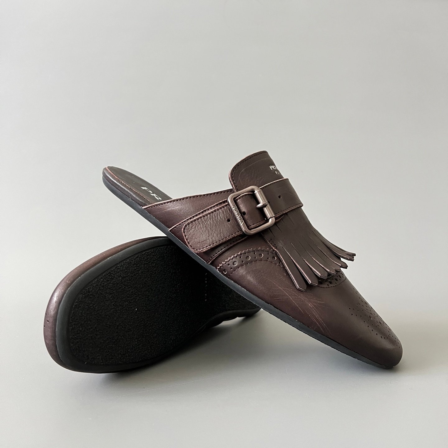 Aurora Custom PRADA Shuffle Kiltie Monk Sabot - Distressed Vintage Brown - Image 7