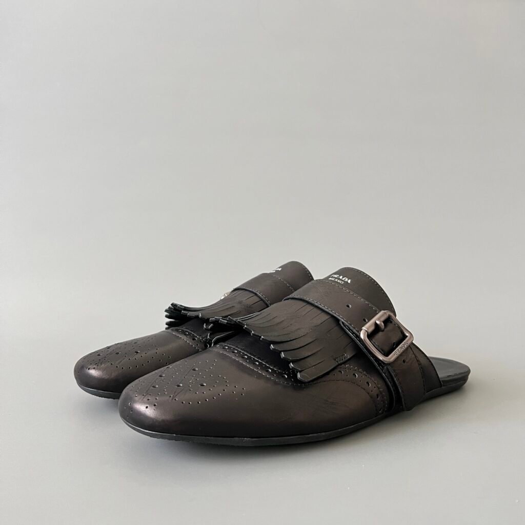 Aurora Custom PRADA Shuffle Kiltie Monk Sabot - Distressed Black