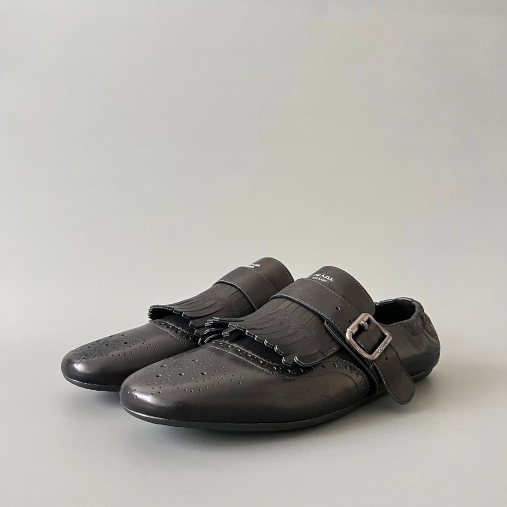 Aurora Custom PRADA Shuffle Kiltie Monk Loafers - Distressed Black (1:1 Deconstructed)