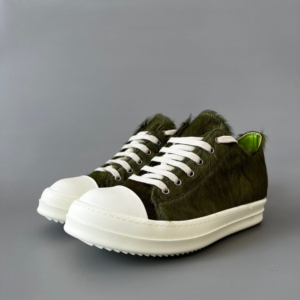 Aurora Custom Rick Owens Mainline Classic Ramones Low - Olive Green Pony Hair (With Contrast Lime Lining)