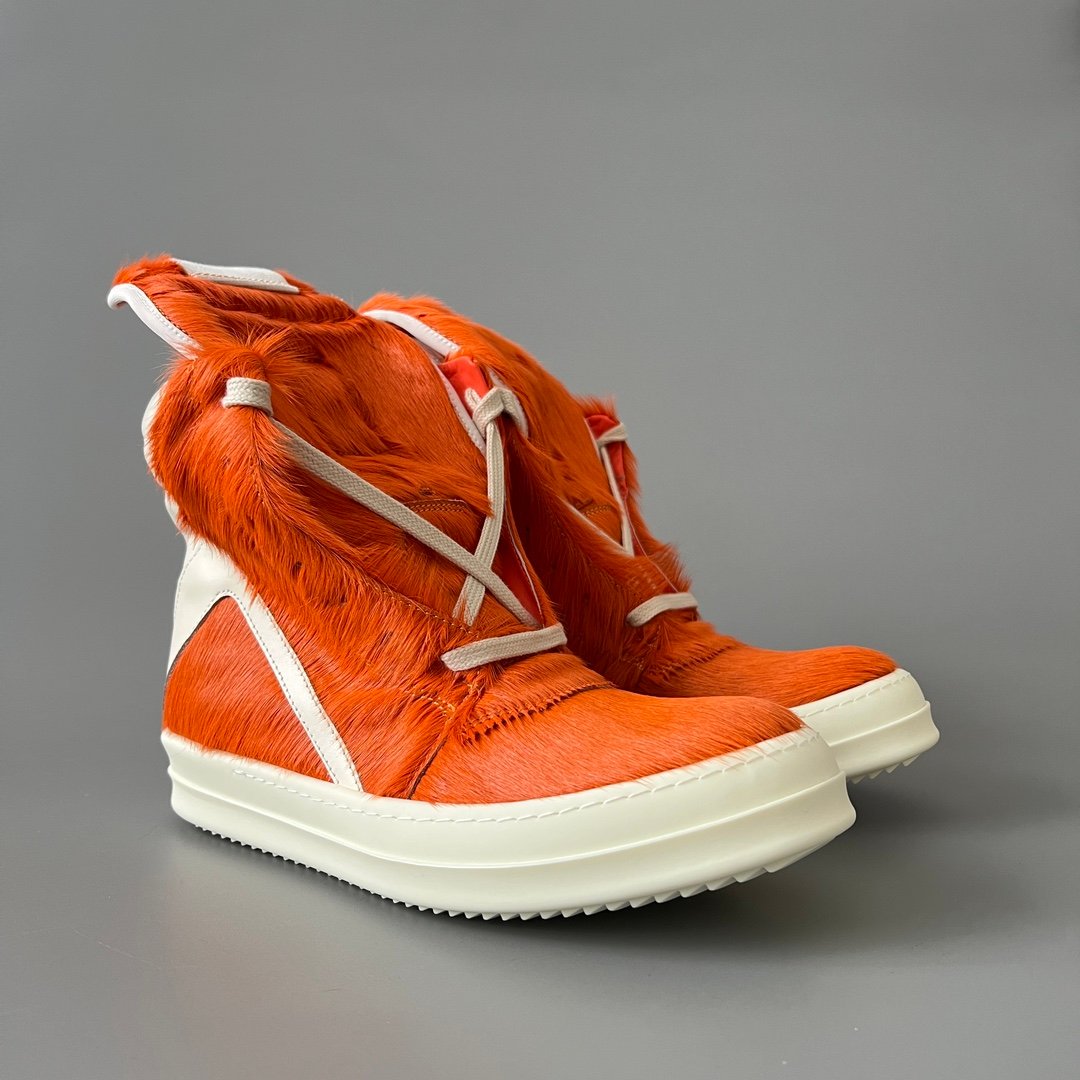 Aurora Custom Rick Owens Mainline Geobasket - Olive Orange Pony Hair & Milk Leather (1:1 Deconstructed) - Image 3