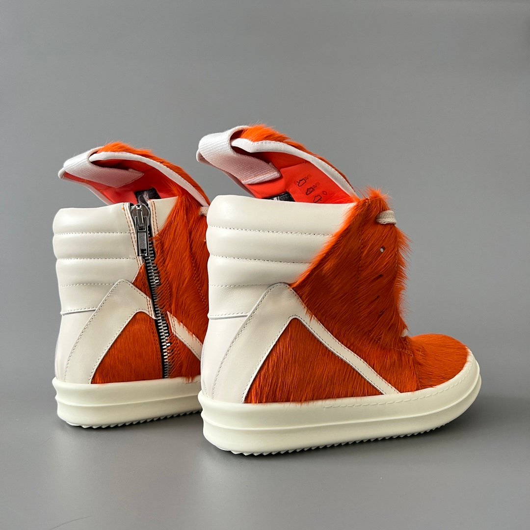 Aurora Custom Rick Owens Mainline Geobasket - Olive Orange Pony Hair & Milk Leather (1:1 Deconstructed) - Image 4