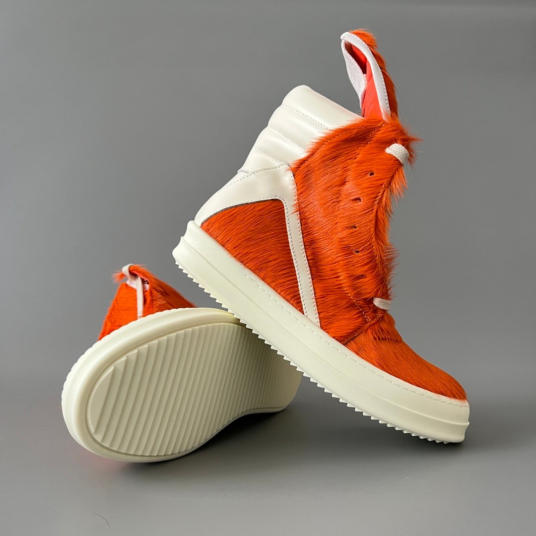 Aurora Custom Rick Owens Mainline Geobasket - Olive Orange Pony Hair & Milk Leather (1:1 Deconstructed) - Image 7