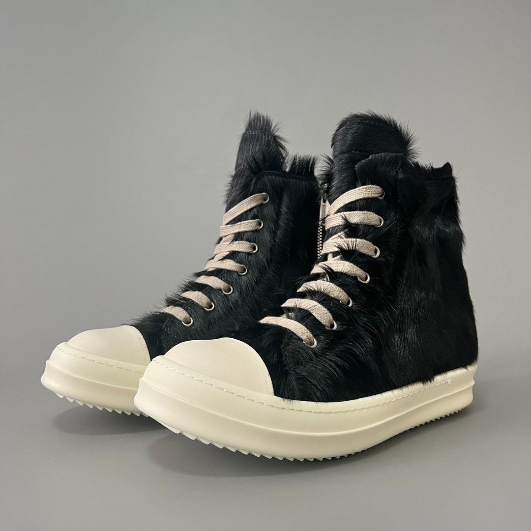 Aurora Custom Rick Owens Mainline High-Top - Premium Black Pony Hair (1:1 Deconstructed)