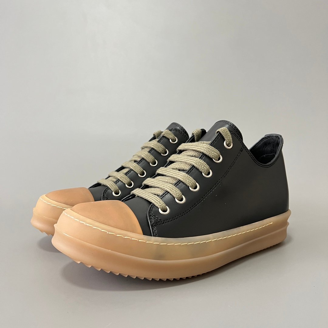 Aurora Custom Rick Owens Mainline Classic Ramones Low - Black Leather with Amber Translucent Sole (1:1 Deconstructed)